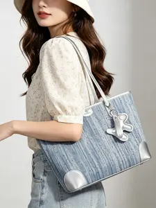 New Women's Korean Style Rhinestone Denim Tote Bag, Large Capacity Shoulder Bag, Trendy Commute Handbag, Fashionable Crossbody Backpack