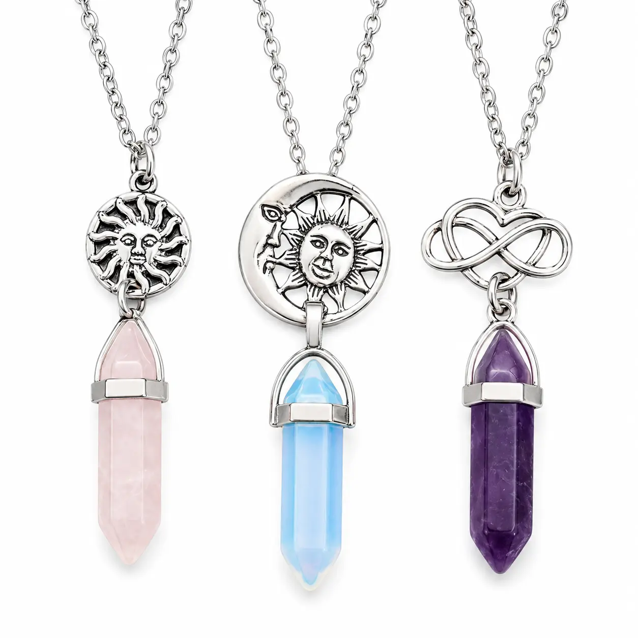 Boho Pendant Necklace for Women with Celestial Symbols, Crystal Point Charm on a Silver-Tone Alloy Base, Spiritual Jewelry for Everyday Wear