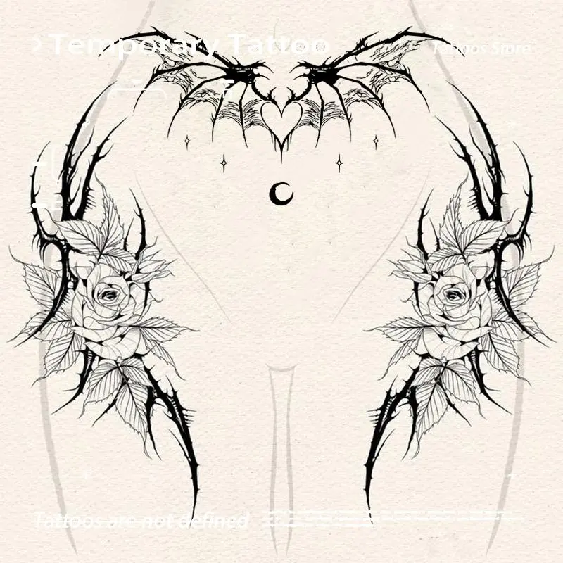 Devil Wing & Rose Pattern Temporary Tattoo Sticker, 1 Count Waterproof Long Lasting Fake Tattoo Sticker, Body Art Sticker for Women & Girls, Sticker Tattoos