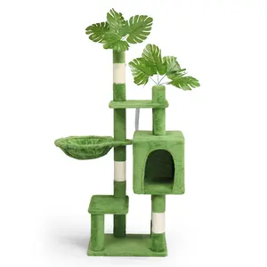 Rebuyhome 48in Plush Cat Tree with Leaves, Sisal Scratching Posts, Large Cat Pet Activity Center for Indoor Cats, Multi-level Cat Tower with Cat Condo, Cozy Hammock, Green