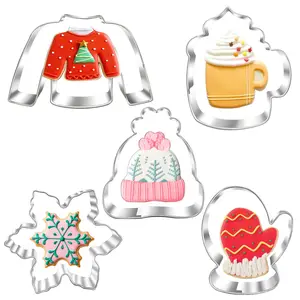 New Winter Christmas Cookie Cutter Set-5 Piece-Ugly Sweater, Hat, Mitten, Snowflake, Coffee Mug Fondant Biscui for Ugly Vintage Christmas Thanksgiving