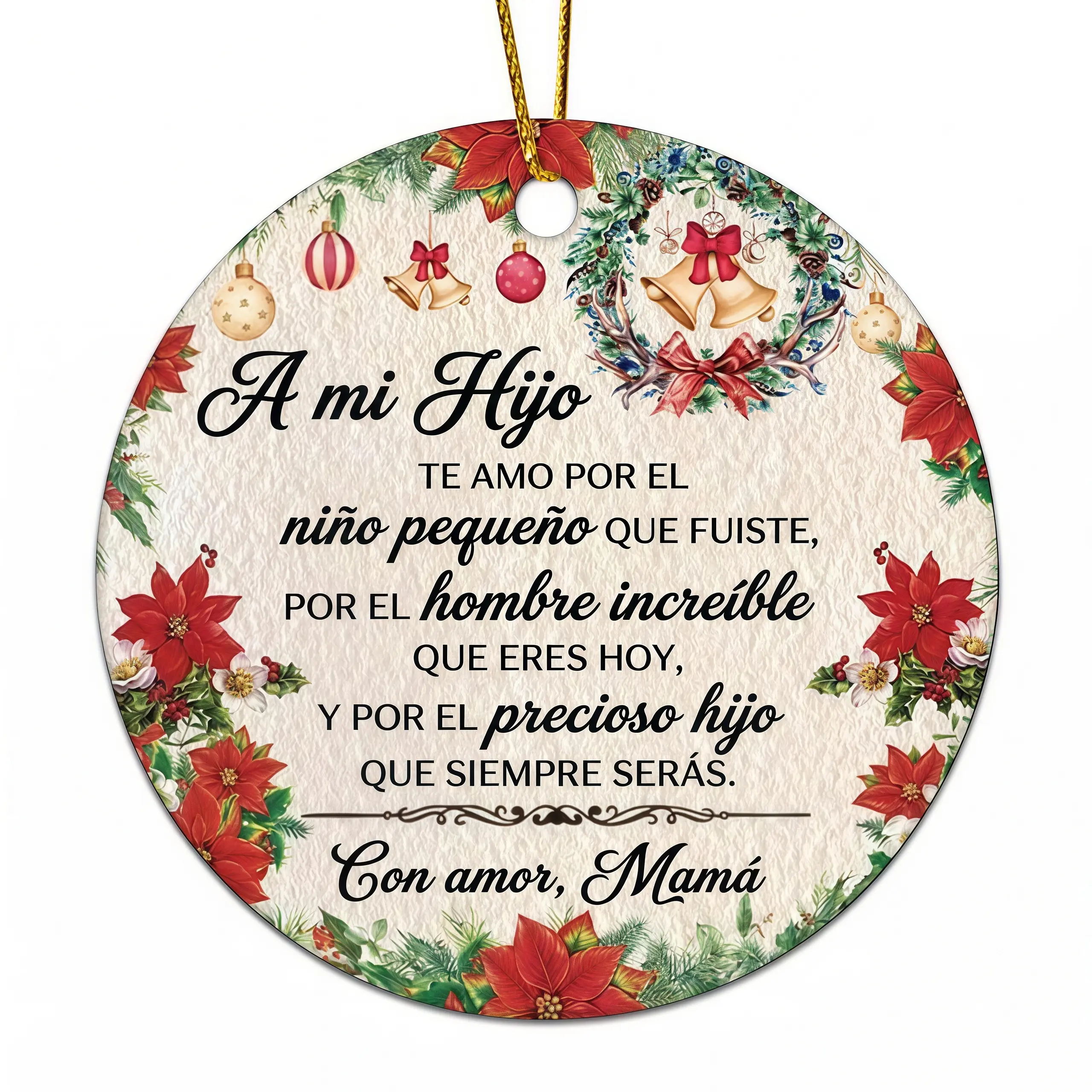 Spanish Christmas Round Ceramic Ornament For Son, Sentimental Xmas Keepsake Gift From Mom, Floral Poinsettia Wreath Hanging Tree Decoration, Heartfelt Spanish Quote Holiday Gift For Latino Families