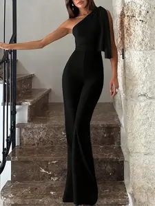 Spring Summer Women's Solid Color One-Shoulder Sleeveless Jumpsuit, Casual Slim Fit Outerwear, Ladies' Fashionable All-In-One Pants Womenswear