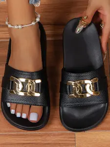 Women's Summer 2024 Fashionable Chain Decorated Slides, Comfortable Non-slip Sandals for Women for Indoor and Outdoor Footwear, Casual Trendy Summer Slippers