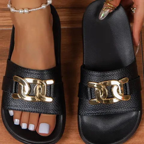 Women's Summer 2024 Fashionable Chain Decorated Slides, Comfortable Non-slip Non Slip Design Sandals for Women for Indoor and Outdoor Footwear, Casual Trendy Summer Beach Slippers Shoes
