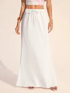 A women's white drawstring high-waist long Maxi skirt Womenswear, lightweight and comfortable, suitable for relaxed occasions such as vacations, daily shopping, or casual dates.