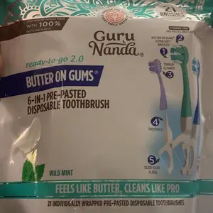 GuruNanda 6-in-1 Ready to Go Butter on Gums Pre-Pasted Toothbrushes 2.0 - 21 Count