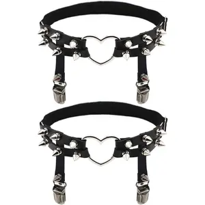 Women Adjustable Leather Thigh Garter, Heart Shaped Leg Garter with Clips punk goth Garters for thigh high socks black