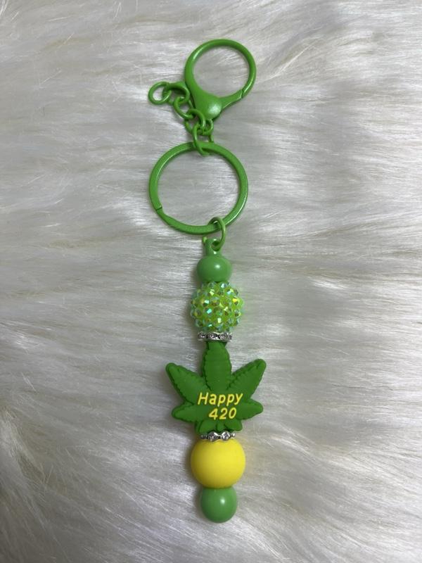 420 Keychain - Green Leaf Design with "Happy 420" Text, Yellow Bead, and Green Bead, Perfect for Keychains