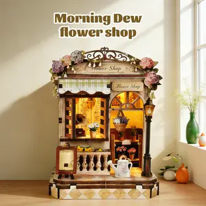 3d wooden puzzle for adults Morning Dew Florist book nook with lights model kit dollhouse DIY miniature house Birthday and Christmas gifts