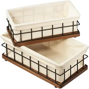 Wooden Bathroom Basket Organizer & Storage, Toilet Paper Basket for  of Toilet  Topper Tray, Paper Holder Basket for Bathroom Decor Box with Liners, Solid  & Wire, Set of 2
