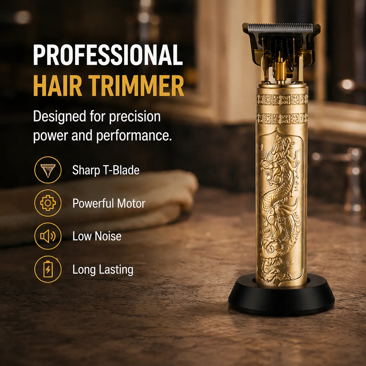 Men's 0-Gap Cordless Trimmer with Vintage Dragon Pattern T-Shaped Blade, Smooth Operation, Removable Brush, Home & Travel Use, Ideal Gift for Grooming Enthusiasts