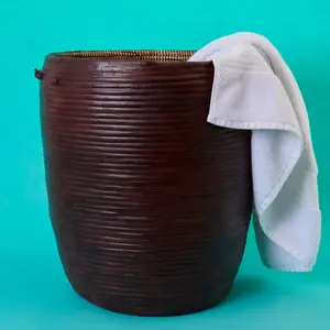 Decorative Leather Bin, Laundry Hamper, Blanket Storage, Toy Bin, African Woven, Brown