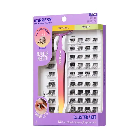 Impress Falsies Pre-Glued False Eyelashes Starter Kit - Natural & Wispy | 50 Lash Clusters, With Applicator, 10mm-14mm