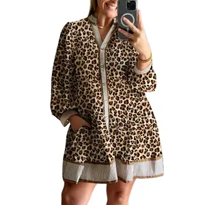 Leopard Print Striped Patchwork 3/4 Sleeve Loose Mini Dress Full Size Range Available in Size S-4X Both for Plus Size & Regular