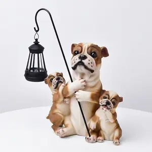 English Bulldog Family Solar Garden Statue with Hanging Lantern – Waterproof Resin Bulldog Figurine with 2 Puppies – Outdoor Dog Sculpture for Patio, Yard, Porch Decor – Unique Memorial Gift for Bulldog Lovers
