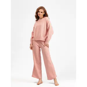 Women's Oversized Ribbed Sweater & Wide-Leg Pants 2-Piece Set - Drop Shoulder, Fall Winter Cozy Everyday to Semi-Formal Wear pink  and  navy  boutique