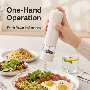 Electric Pepper Grinder, Minimalist White Automatic Salt and Pepper Mill with Ceramic Core, Adjustable Coarseness, One-Hand Operation, Refillable Spice Grinder for Kitchen Home