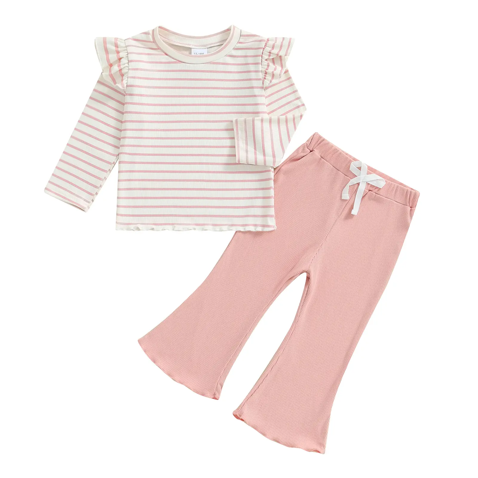 2Pcs Kids Toddler Baby Girl Fall Outfit Set Long Sleeve Ruffle Striped T-shrit Blouse Top with Flare Pants Clothes