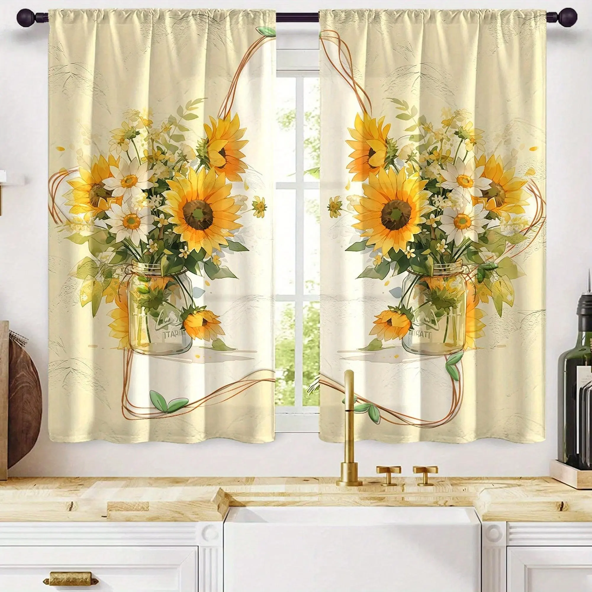 2D Flat - 2pcs Sunflower Kitchen Curtains - Window Set, Cafe Panel - Rod Pocket Design, Easy to Install - Perfect for Bedroom, Study, Cafe, And Living Room Decoration 28*40IN/71*101CM