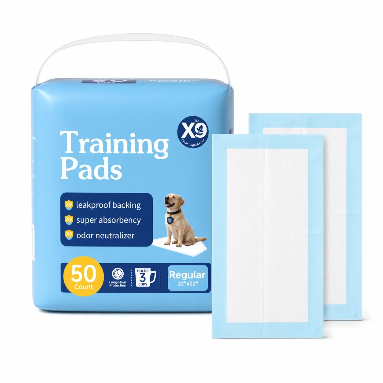 X9 Disposable Dog Training Pads, 50 Count, 22 x 22 Inch Puppy Pee Pads with Super Absorbent Core and Leak-Resistant Backing, Quick-Dry Indoor Potty Pads for Puppies, Senior Dogs, Crates, Floors, Easy Home Training and Travel