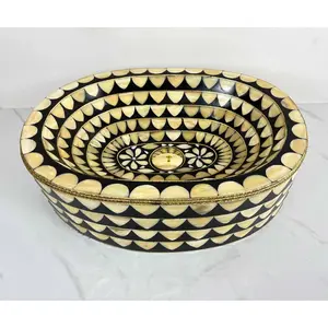 Brass Vessel Sink with Bone & Black Resin Inlay – Free Pop-Up Drain Included