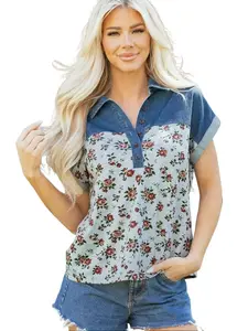 Women Casual Floral Denim Patchwork Shirt Short Sleeve Collared Button Down Blouse Summer Boho Western Tops