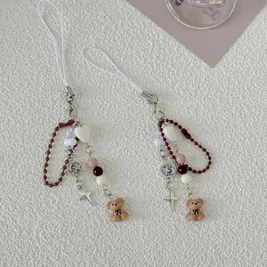1Pcs Little Bear Bead Keychain Phone Charm Strap For Girls Vintage CCD Camera Chain Bag Lanyard