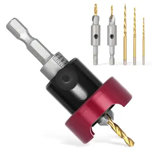 KEENTECH 6-PC Carbide Tipped 82° Countersink Drill Bit Set with 3/32" & 1/8" & 5/32" Tapered and Non-Tapered Drill Bits, 3/8" Dia, 1/4" Hex Shank, Adjustable Depth Stop with Ball Bearing