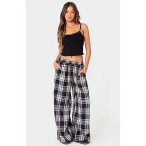Edikted Women's Lounge Around Plaid Wide Leg Pants