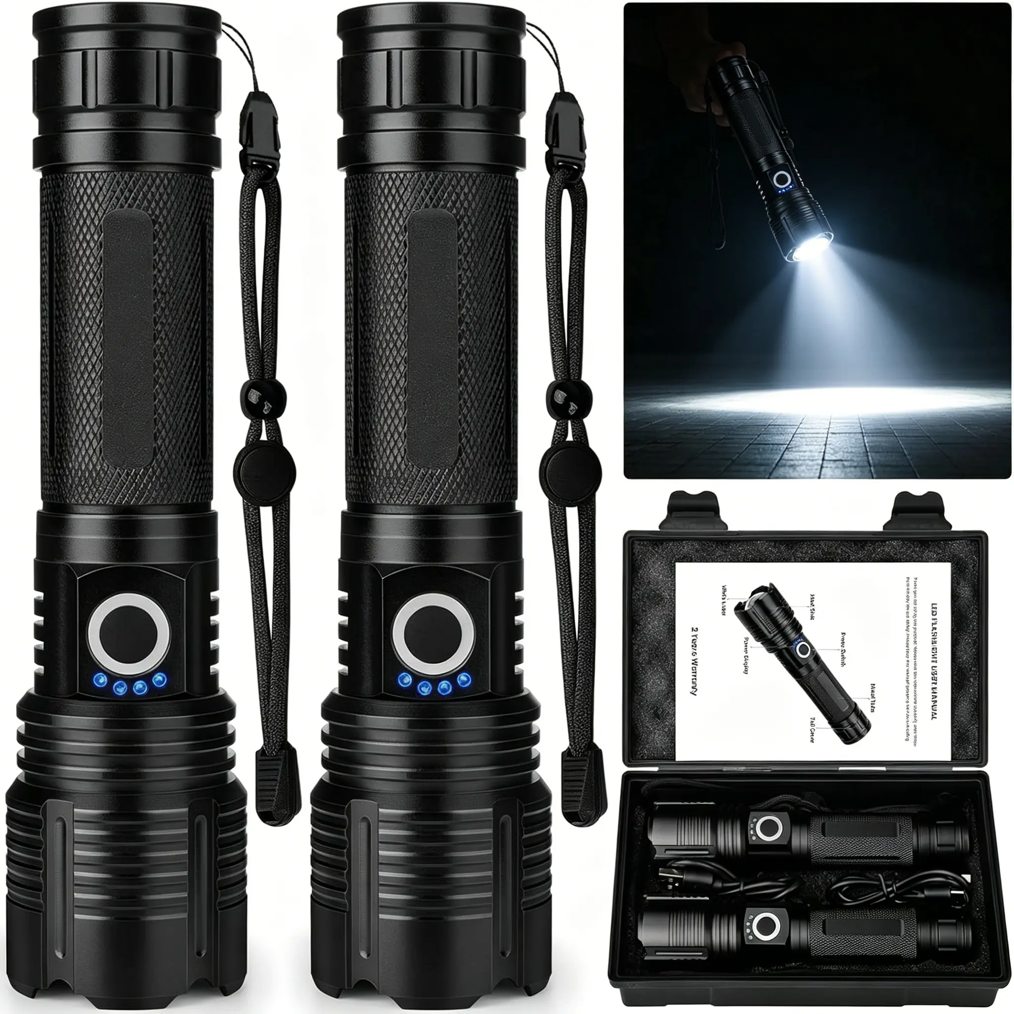 2-Pack Rechargeable Super Bright LED Tactical Flashlights - Type-C, Waterproof, Power Indicator, Lanyard, Thanksgiving Gift - Rechargeable Powerful Flashlights, Tactical Work Light, LED Light Torch for Camping, Home Emergency