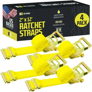 DC Cargo 4 Pack of 2 Inch x 12 Feet Yellow E-Track Ratchet Straps, Retractable