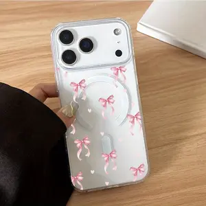 Magnetic Large Hole Luxury Fashion Bowknot Heart Pattern Transparent Acrylic Tpu Shockproof Phone Case for iPhone 15 15 Plus 15 Pro 15 Pro Max