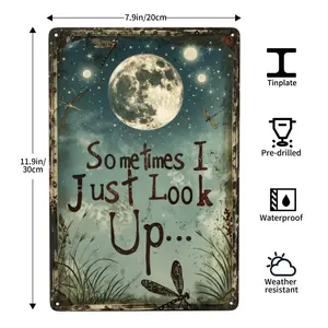 1pc Vintage Dragonfly & Moon Metal Tin Sign Wall Art Sometimes I Just Look Up,8x12 Rustic Weather-Resistant IndoorOutdoor Decor for Home, Office, Bar, Cafe