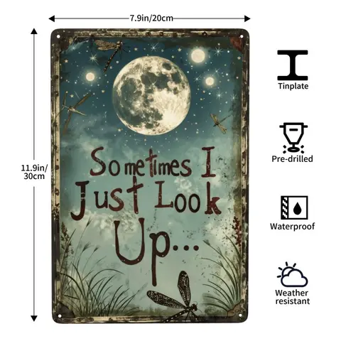 1pc Vintage Dragonfly & Moon Metal Tin Sign Wall Art Sometimes I Just Look Up,8x12 Rustic Weather-Resistant IndoorOutdoor Decor for Home, Office, Bar, Cafe