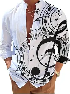 Classic Shirt - Black and White Tropical Musical Men's Long Sleeve Fitted Shirt with Stand Collar and Buttons for Fall Outfits, Polyester Fabric, Stylish Stripe Design, Versatile Fashion Breathable Elegant Men's Wear Casual Menswear Top Soft