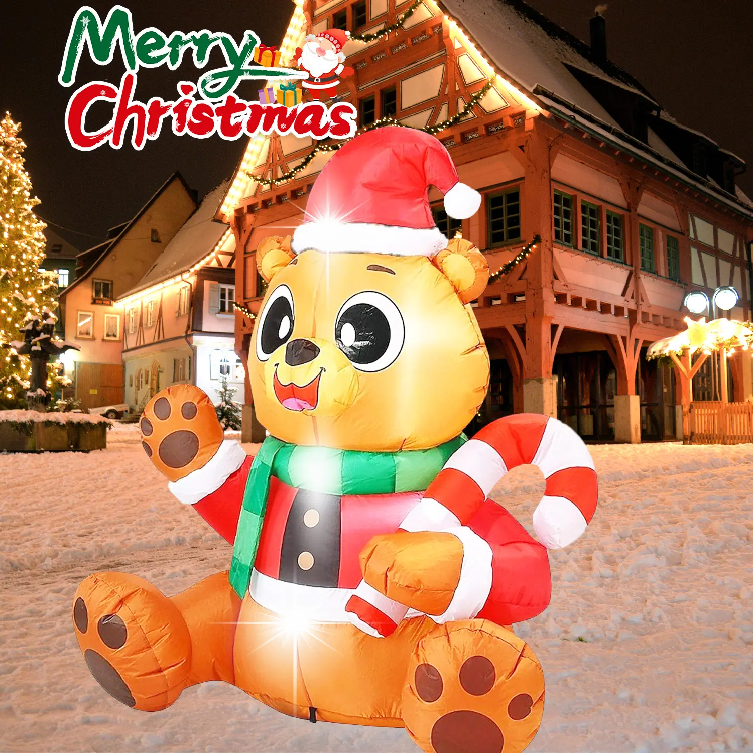 5FT Christmas Inflatable Bear, Lighted Santa Teddy Bear Blow Up Decoration with Candy Cane, Outdoor Holiday Yard Decor for Xmas Party, Patio