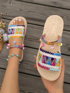 Colorful Braided Slippers, Boho Style, Ethnic Pattern, Lightweight, Textile Upper, Rubber Sole, Women's Beach Vacation Footwear