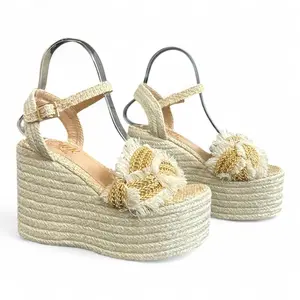 Elegant White Jute Platform Sandals 8cm - Stylish High Heel with Gold Accents & Adjustable Ankle Strap for Women's Summer Footwear