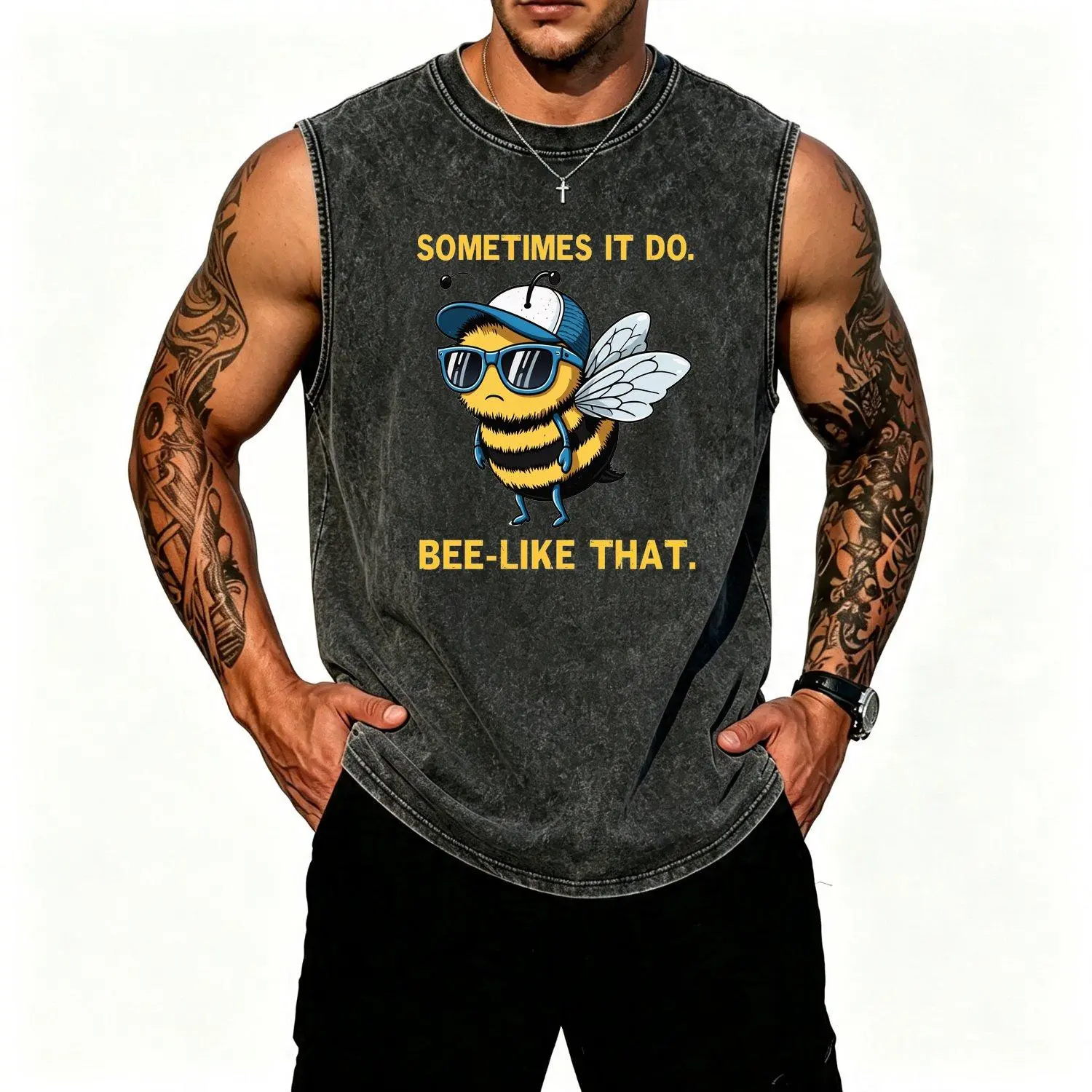 Sleeveless Vest with Funny Bee Print and "Sometimes It Do Bee-Look That" Slogan Acid Wash Y2K Style Faded Soft Fabric Loose Fit Breathable Casual Streetwear Summer Gift Vest Apparel