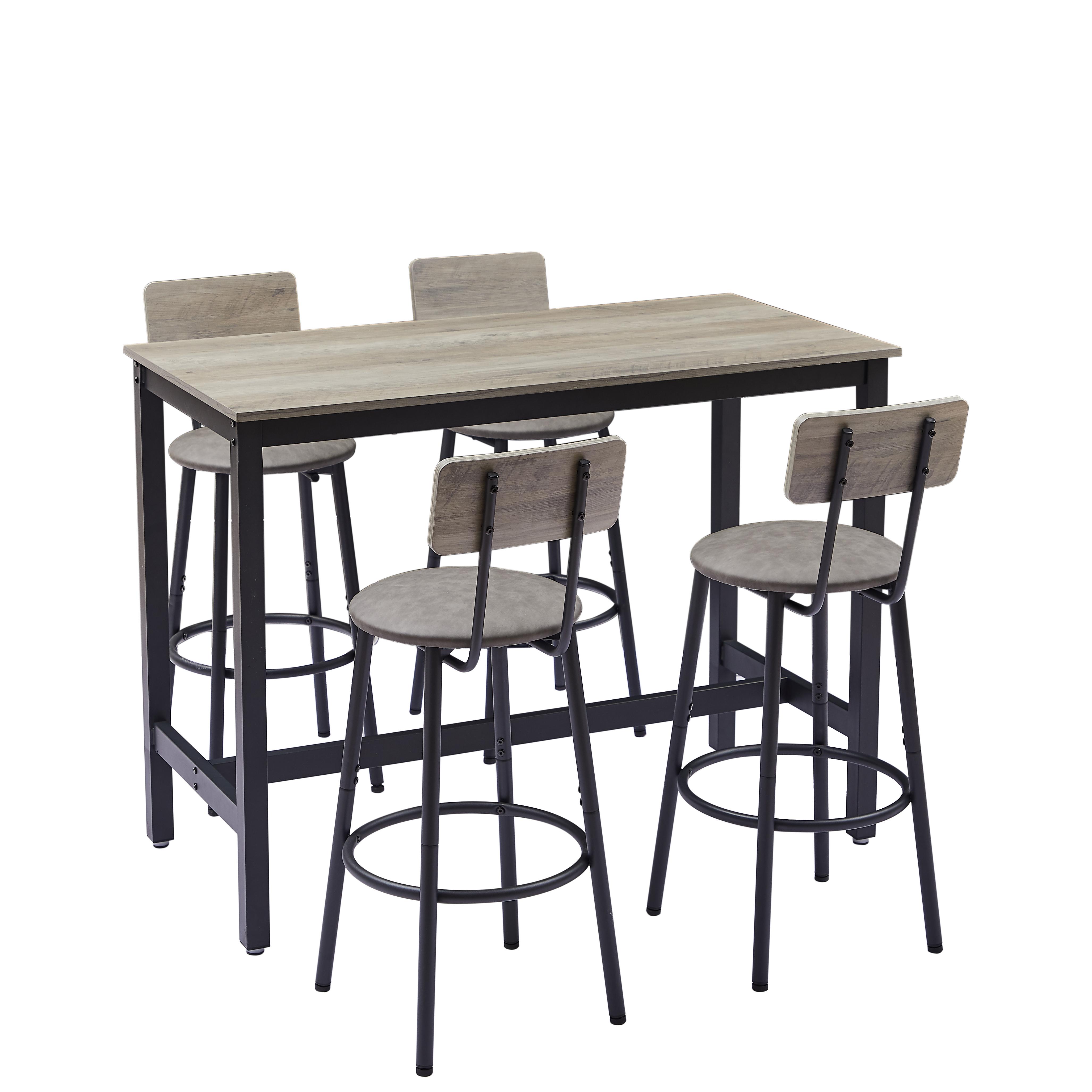 4-Piece Bar Table Set, PU Upholstered Stools 13.4" with Wood Backrest & Footrest, Rustic Grey Table, Black Iron Frame, Space-Saving, 350 lbs, for Kitchen Apartment