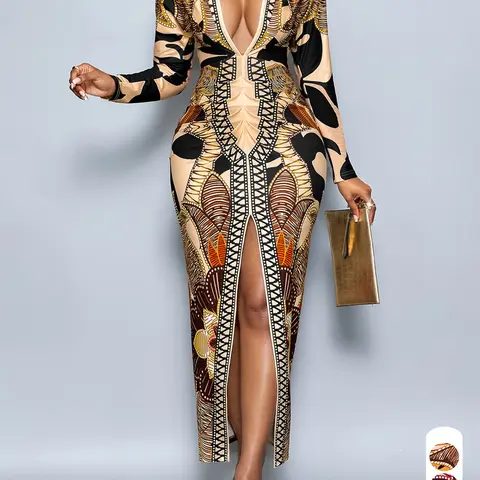 Autumn Women's Long Dress Retro Print Bodycon Deep V Neck Long Sleeve Folds Sling Skinny Dresses Fit Sexy High Spit Hem Dress Evening Formal Wedding Guest Wear Elegant Feamle Clothing Womenswear
