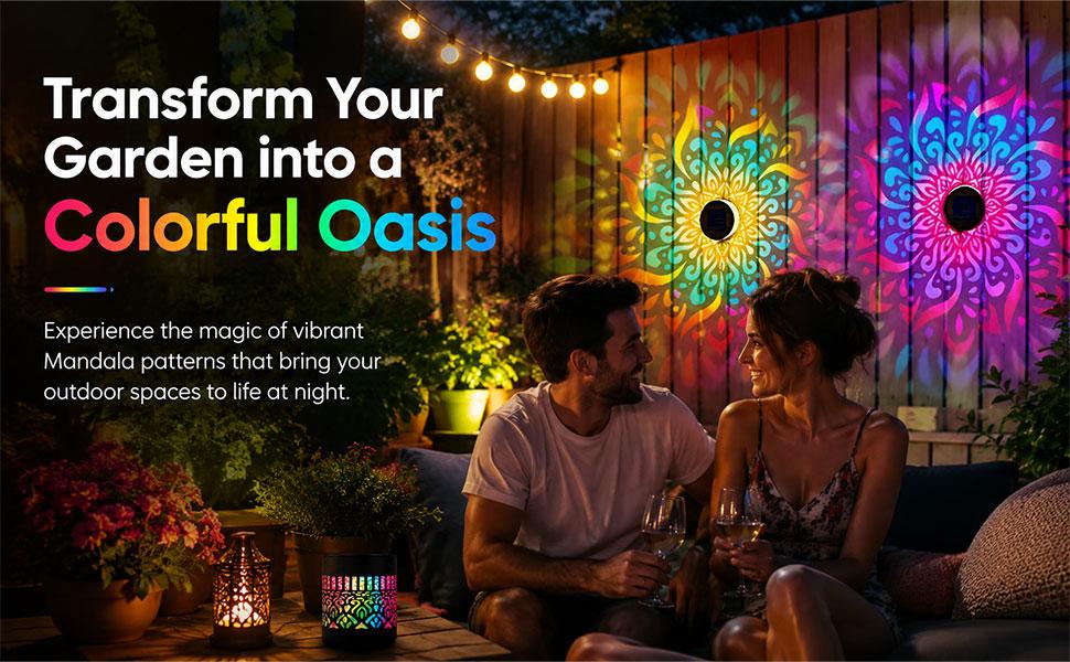 Sturdy Metal RGB Solar Mandala Projector Wall Lamps - Solar-Powered IP65 Waterproof Fence Lights with Artistic Glow, RGB Lights for Garden Halloween Decor, LED Outdoor Lighting