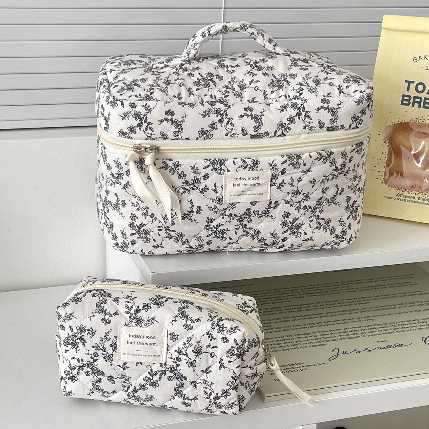 Retro black floral patchwork makeup bag set, 4 pieces — girly coquette travel storage bags