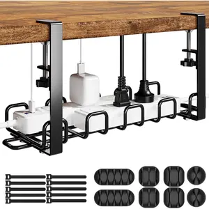 Management Tray Under Desk 15.8'' - 4mm Wire Sturdy Cord Organizer for Desk Accessories - Cord Organization with Clamp No Drill - Standing Desk Accessories for  Office