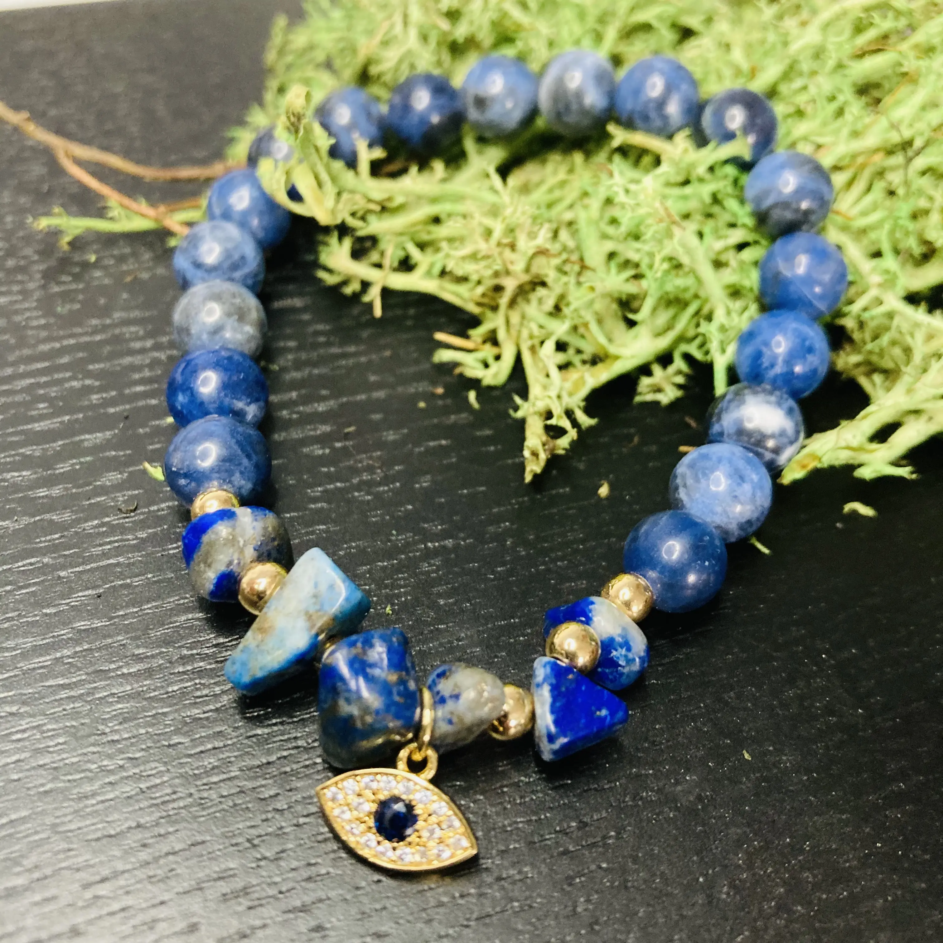 Chipped Gems * 18K Gold Evil Eye Charm * Blue Solidate Beads