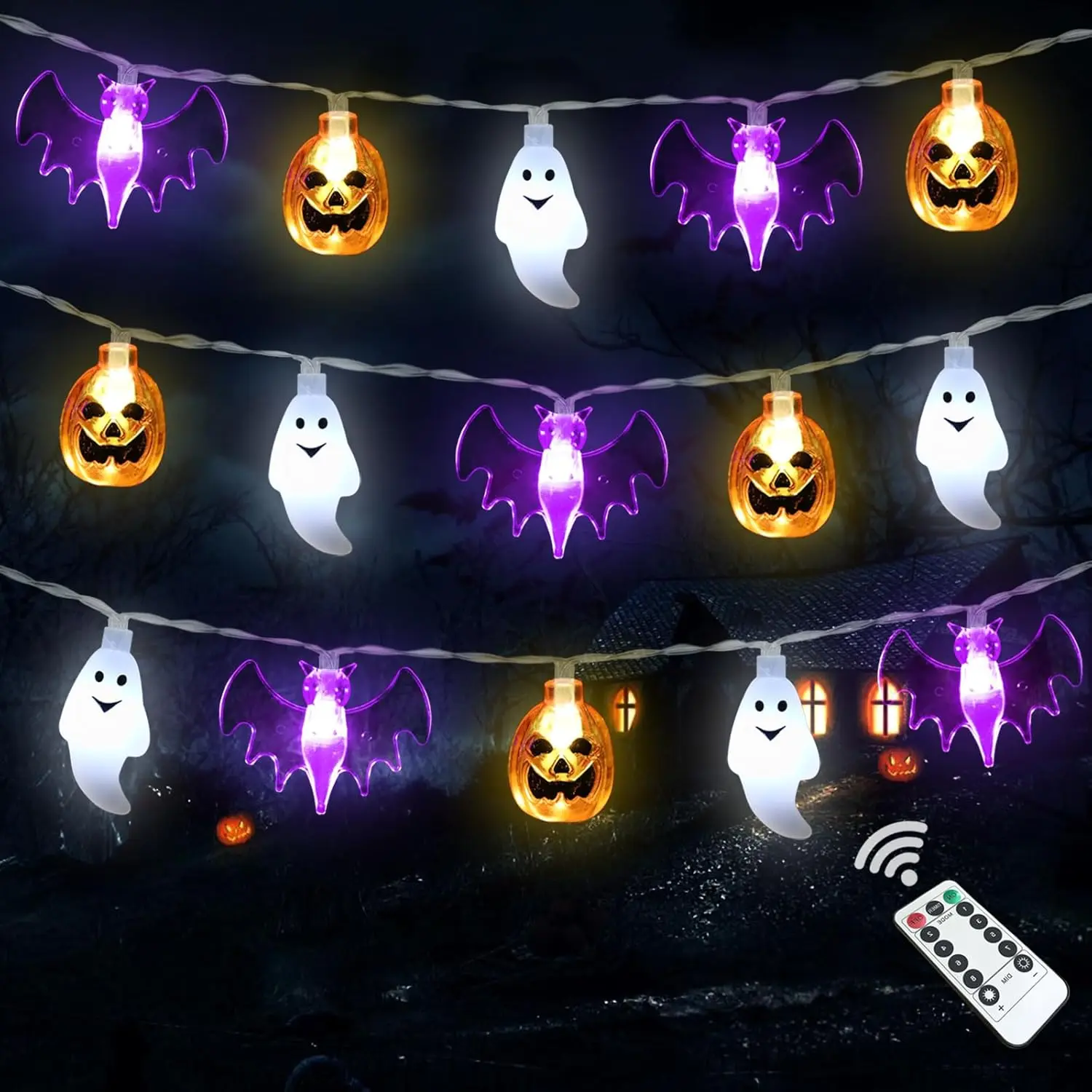 Halloween Lights Decorations, 16 FT 30 LED  3D Pumpkin Bat Ghost  Operated String Lights with Timer, 8 Lighting Modes Fairy Light for  Window Indoor Outdoor Halloween Party Decor