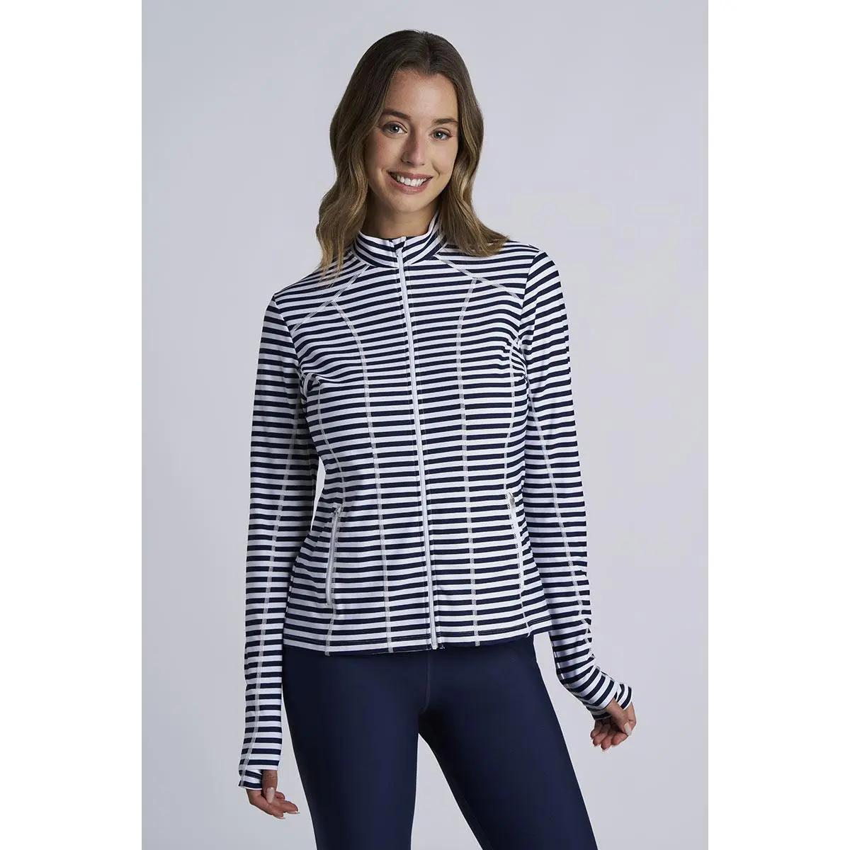 Malawi | Women's Fitted Swim Jacket with Full Zip | White/Navy Stripe
