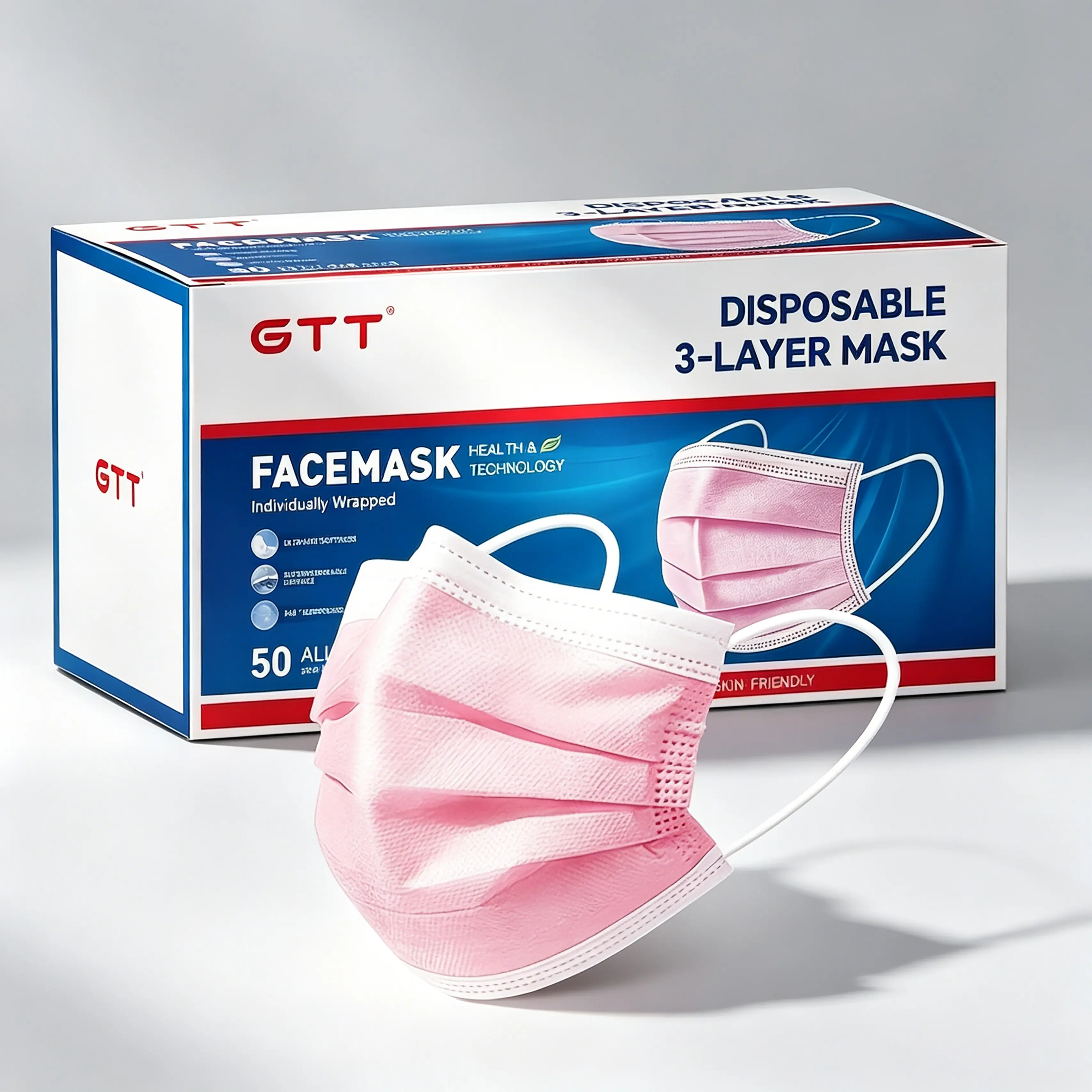 GTT 50PCS Non-Woven 100% Individually Sealed Disposable 3-Layer Face Masks for Adults, Pink, Latex-Free, Skin-Friendly, Soft, Breathable, Comfortable Earloops - School, Commute Use (Home Supplies Dust Cover)
