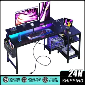 L Shaped Gaming Desk with LED Lights & Power Outlet, 40" Reversible Computer Desk with Adjustable Monitor Stand and Storage Shelves Corner Home Office Desk for Small Space Carbon Fiber Black Type-C interface and LED lights, computer table equipped